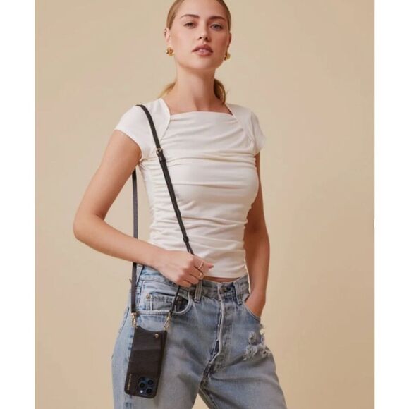 Bandolier Emma Crossbody Phone Case – Mauve Pebbled Leather with Studded Strap – - Picture 5 of 7